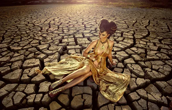 Look, girl, decoration, cracked, pose, style, earth, desert