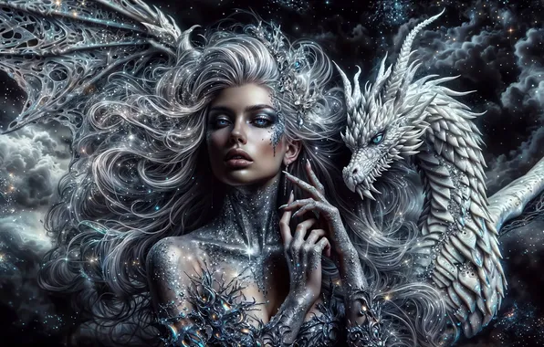 Girl, dragon, silver