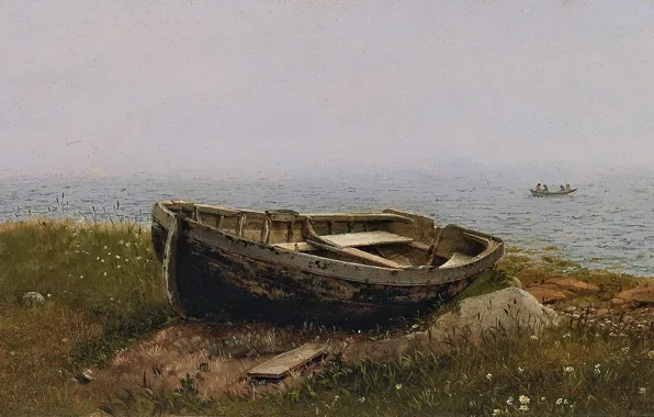 Sea, landscape, children, stones, shore, boat, picture, Frederic Edwin Church