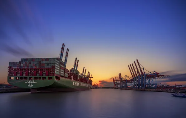 Picture sunset, ships, port, Hamburg