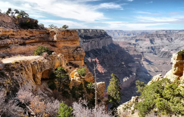 The sky, clouds, trees, mountains, rocks, canyon, USA, Arizona