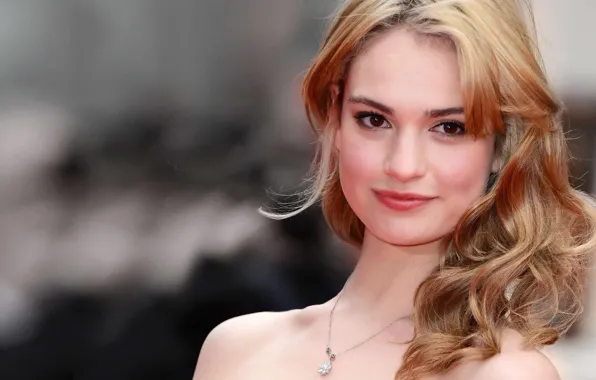 Smile, portrait, blonde, bokeh, Lily James