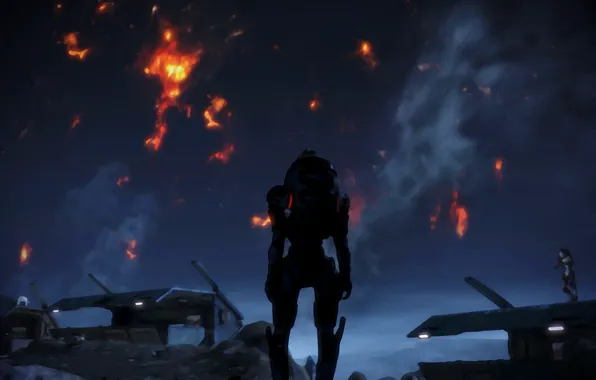 Space, fire, planet, watercolor, soldiers, Mass Effect
