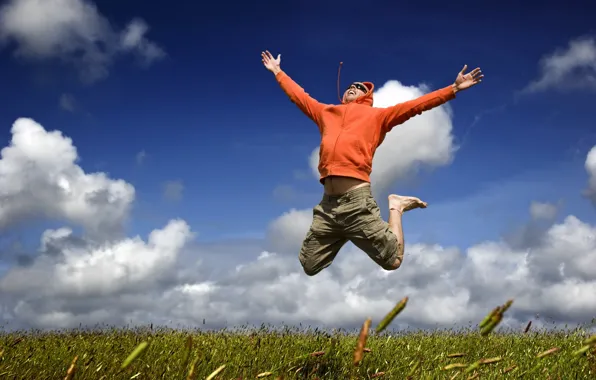 Picture the sky, grass, clouds, flight, joy, happiness, mood, jump