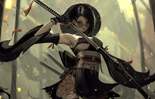 Girl, sword, fantasy, rain, hat, katana, tattoo, brunette