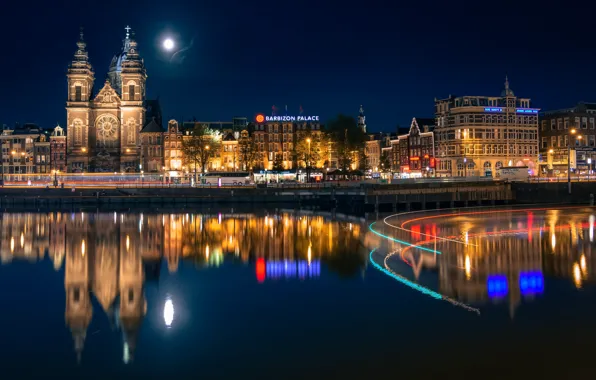 The sky, water, night, lights, reflection, the moon, building, home