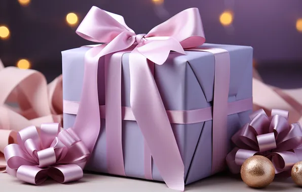 Balls, close-up, pink, box, gift, Christmas, New year, bows
