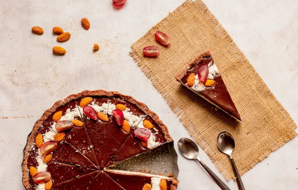 Food, chocolate, pie, grapes, spoon, fabric, nuts, cakes