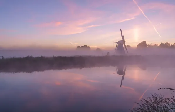 The sky, water, clouds, landscape, nature, fog, reflection, river