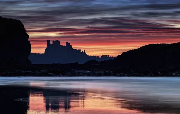 Picture lake, Scotland, silhouette, glow, Tantallon castle