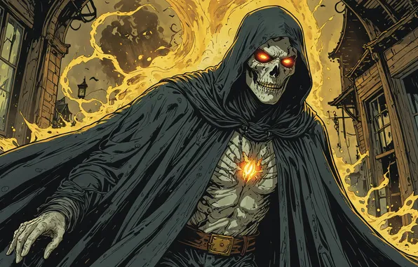 Fire, skull, art, undead, ai art, comic book stylization