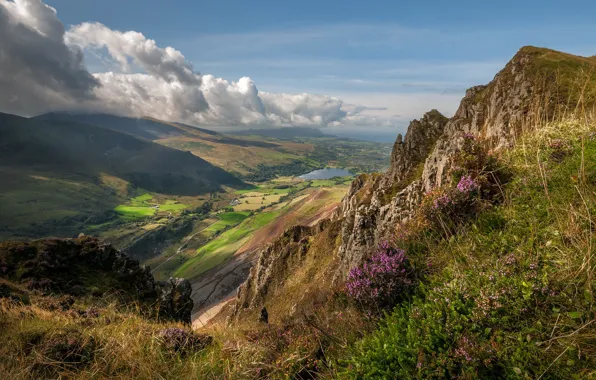 Clouds, mountains, nature, rocks, valley, Wales