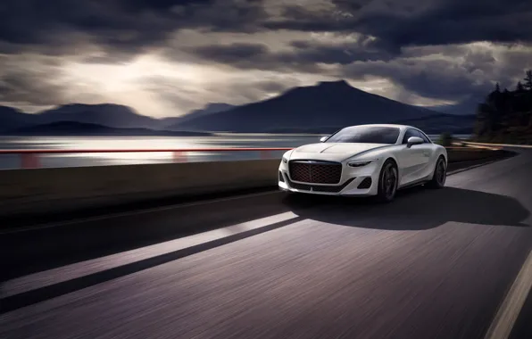 Clouds, mountains, speed, Bentley, highway, Mulliner, 2023, Bath