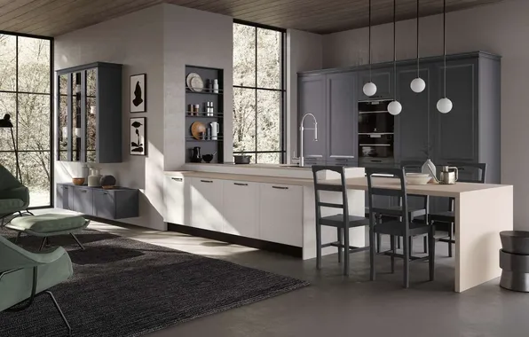 Style, Villa, interior, Italy, kitchen, living room, dining room, dining area