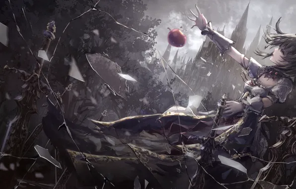 Picture girl, night, ruins