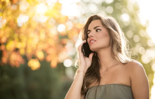 Autumn, girl, light, nature, Park, foliage, neckline, phone