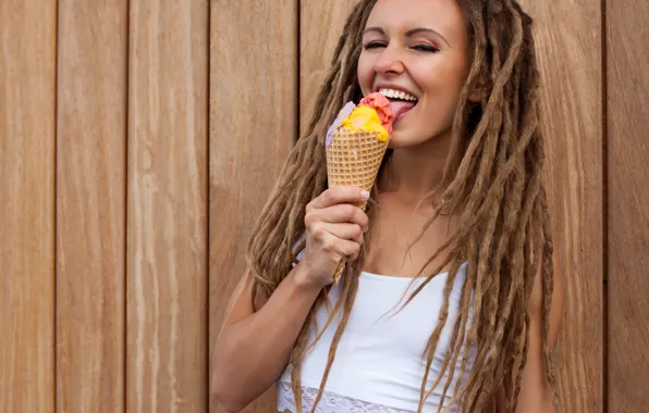 Picture girl, joy, smile, hairstyle, ice cream, braids, brown hair