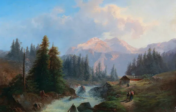 Mountains, Trees, River, House, People, Picture, Austrian artist, Gustav Barbarini