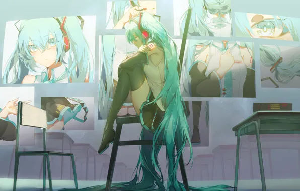 Girl, room, sitting, Hatsune Miku, Vocaloid, sad, portraits