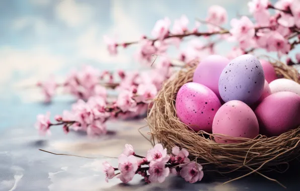 Flowers, branches, cherry, holiday, eggs, spring, Sakura, Easter