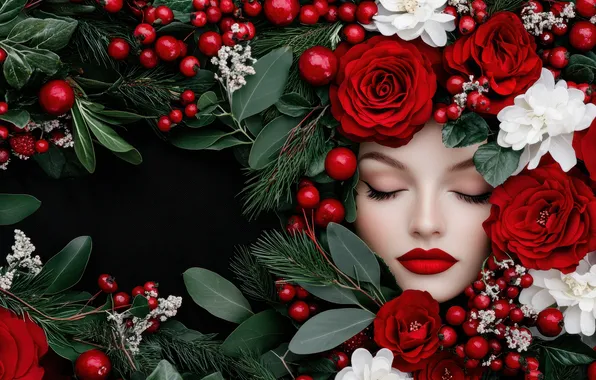 Leaves, girl, flowers, face, berries, roses, makeup, Christmas