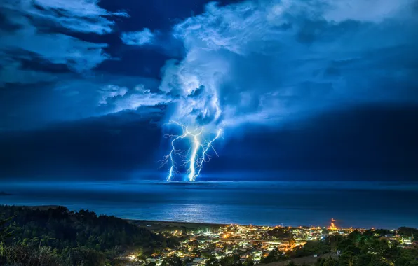 Sea, the storm, wave, the sky, night, clouds, storm, the city
