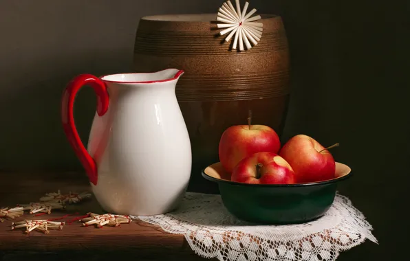 Apples, pitcher, still life, pot, basin