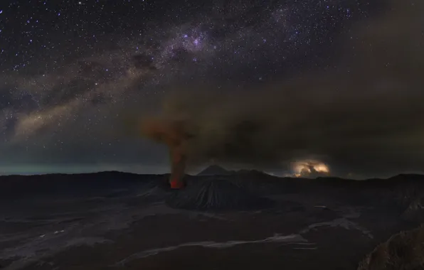 The sky, stars, night, the volcano, Indonesia, Bromo, Java