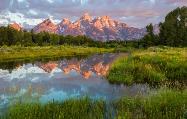 Grass, water, landscape, mountains, nature, reflection, morning, USA