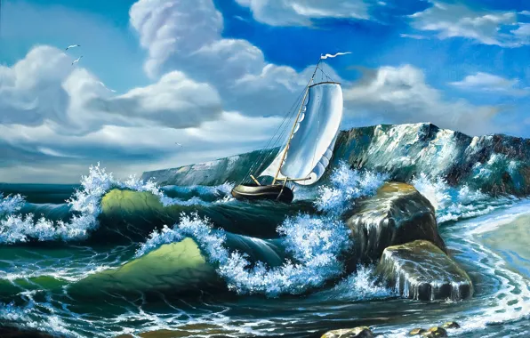 Sea, wave, the sky, clouds, ship, seagulls, picture, sails