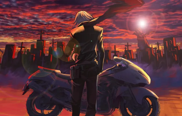 Picture the sky, the sun, clouds, sunset, crosses, anime, scarf, art
