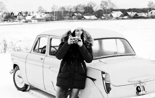 Picture winter, village, Camera, Moskvich, girl with a camera, Girl with a camera, The girl and …