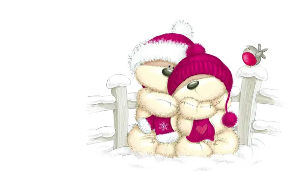 Picture winter, snow, the fence, art, bear, bird, two, bullfinch