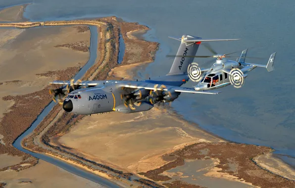 Picture sea, flight, earth, helicopter, the plane, military transport, four-engine, experimental, turboprop, hybrid, A400М, Eurocopter X3