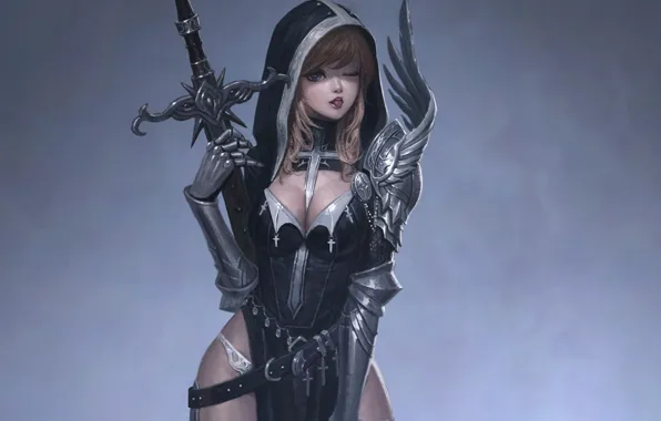 Picture language, crosses, sword, armor, hood, neckline, gloves, grey background, wink, the girl-soldier, flirting
