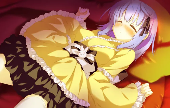 Picture ruffles, visual novel, lying on her back, lilac hair, sleeping girl, irotoridori from sekai, by …