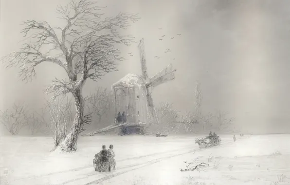 Picture winter, road, people, picture, mill, sleigh, Blizzard, Aivazovsky