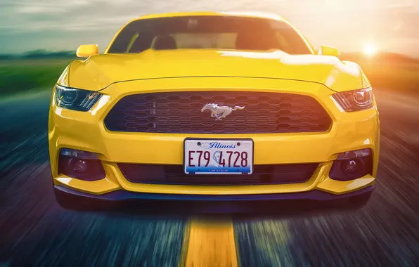 Picture Mustang, Ford, Muscle, Car, Front, Sun, Yellow, Road