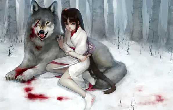 Picture forest, girl, snow, blood, wolf, dagger, kimono, scar