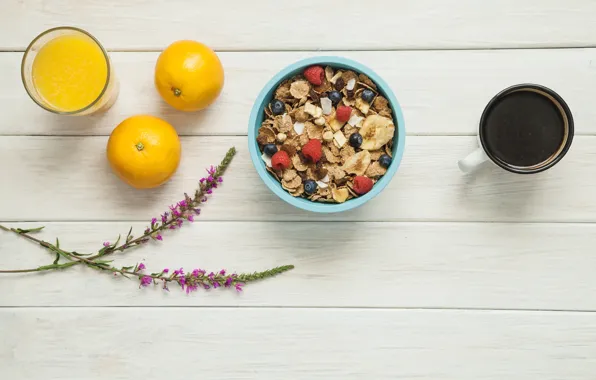 Picture berries, coffee, Breakfast, juice, cereal