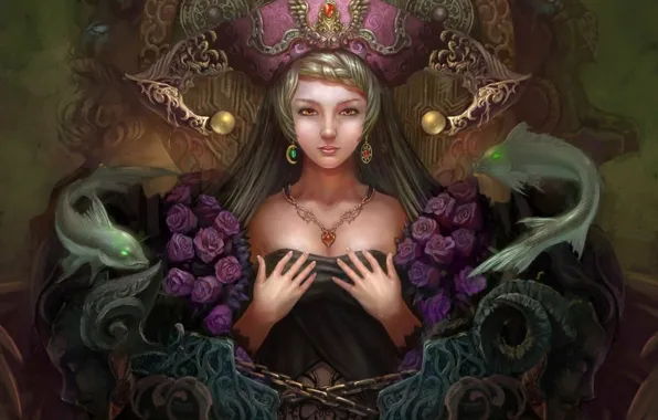 Picture girl, decoration, fish, roses, hands, fantasy, art, chain, Yuxuan Li