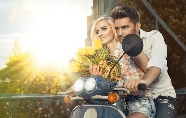 Picture girl, flowers, pair, tulips, male, scooter