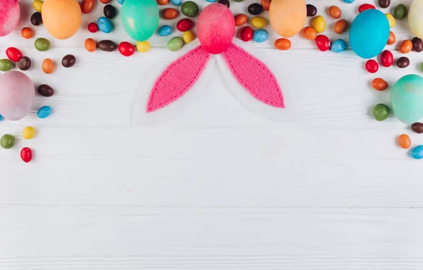 Picture eggs, candy, Easter, Ears, Holiday, wooden background