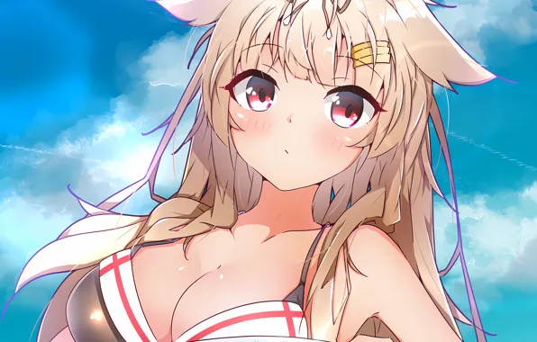 Picture girl, sexy, cleavage, sky, long hair, boobs, animal ears, anime