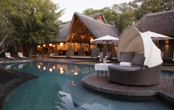 Picture house, sofa, pool, house, pool, sunbeds, interior, hauses, table.