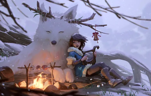 Picture winter, girl, branches, animal, art, the fire, illustration, Knife In Le