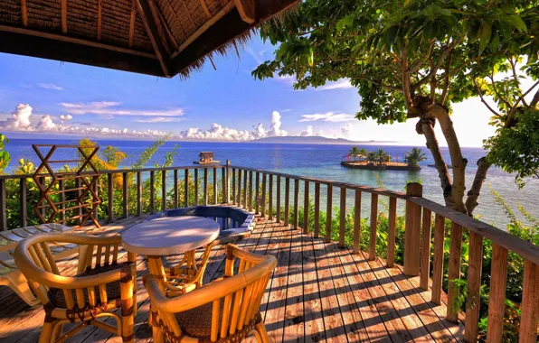 Picture sea, the sky, clouds, trees, mountains, table, stay, island, chairs, Bungalow, veranda