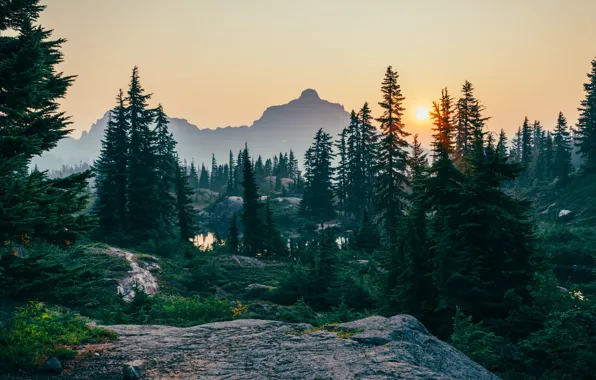 Picture the sky, the sun, trees, sunset, mountains, nature, lake, rocks, the evening, ate
