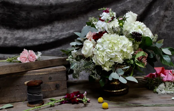 Picture leaves, flowers, Board, roses, bouquet, fabric, pink, white, still life, box, different, braid, hydrangea