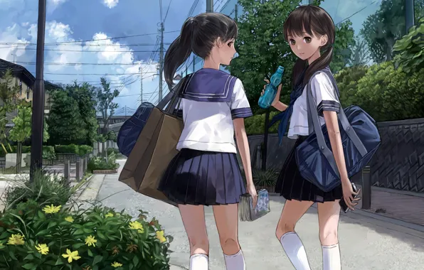Picture water, street, girls, bottle, art, form, Schoolgirls, kishida mel